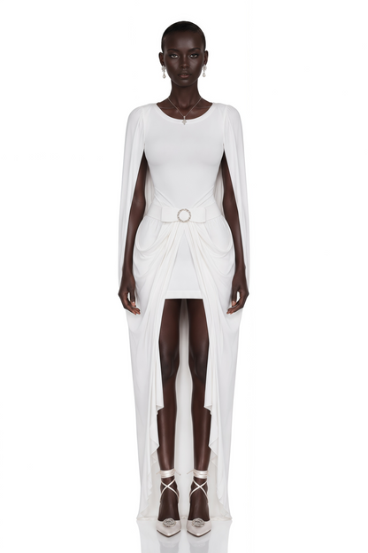 Rosalind White Round Neck Draped Mini Dress With Bow