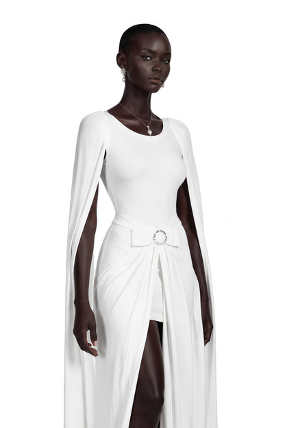 Rosalind White Round Neck Draped Mini Dress With Bow