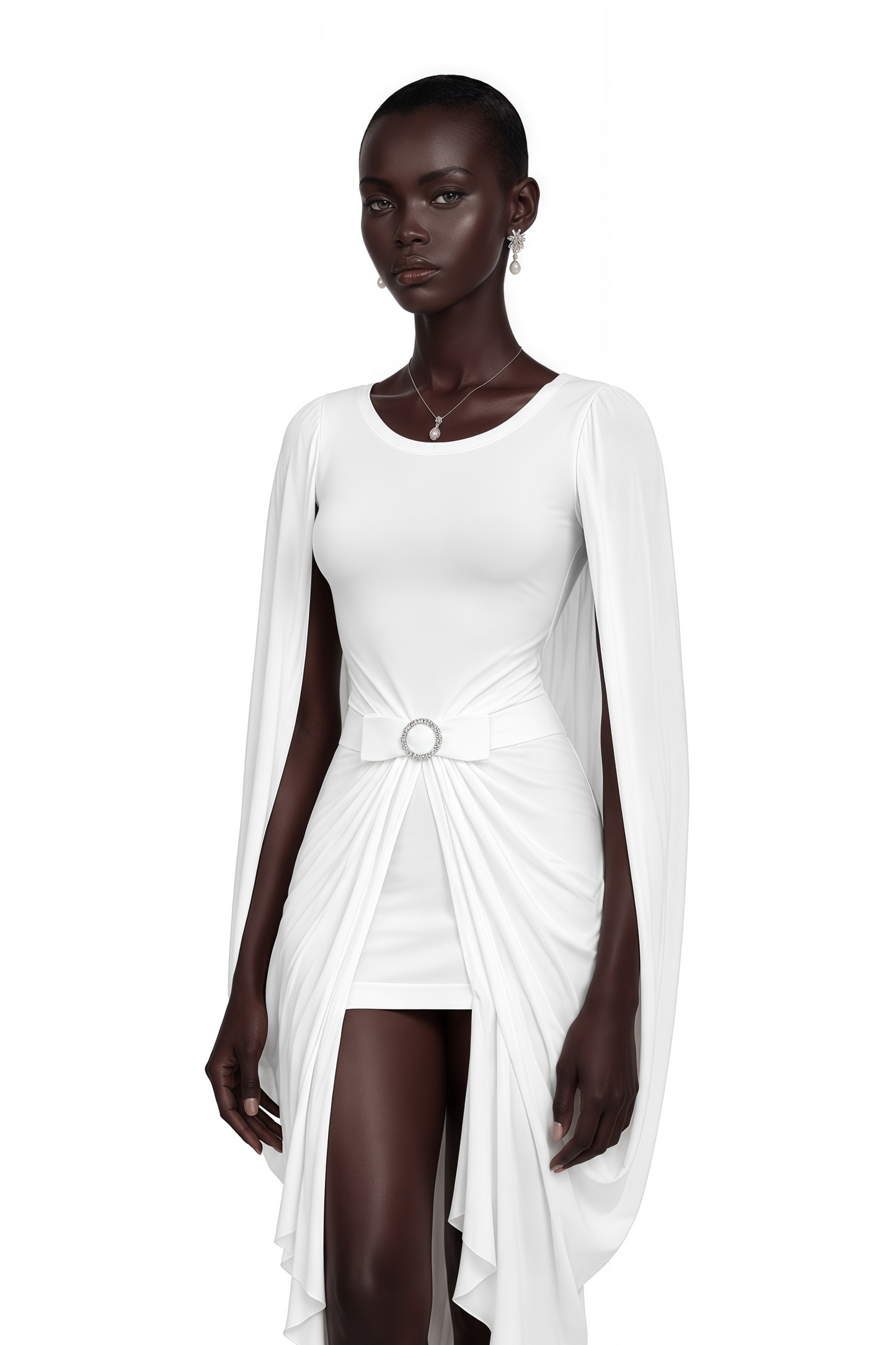 Rosalind White Round Neck Draped Mini Dress With Bow