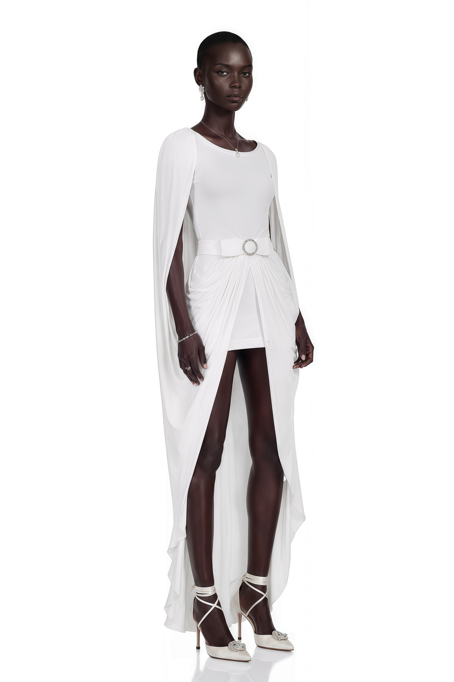 Rosalind White Round Neck Draped Mini Dress With Bow