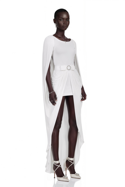 Rosalind White Round Neck Draped Mini Dress With Bow