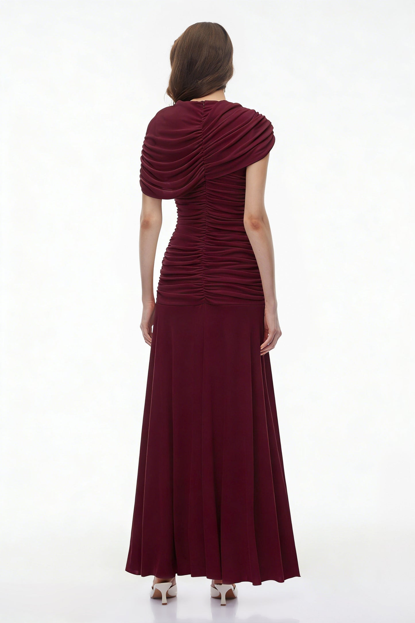 Rosalyn Red Crew Neck Ruched Maxi Dress