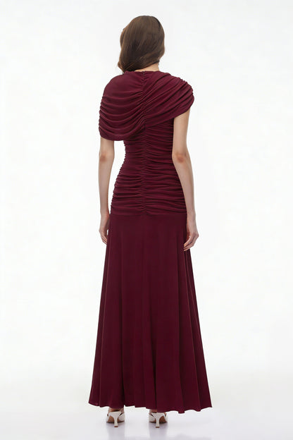 Rosalyn Red Crew Neck Ruched Maxi Dress
