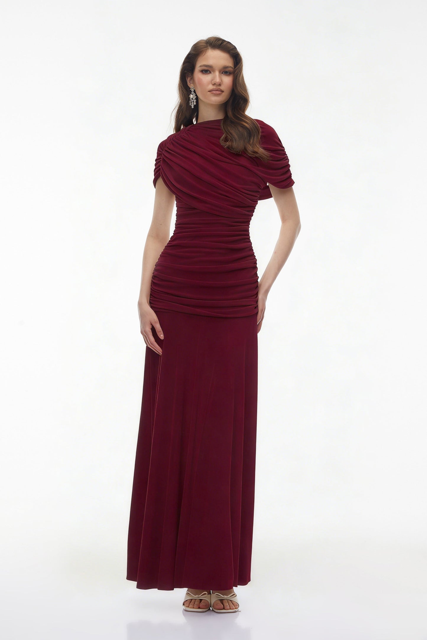 Rosalyn Red Crew Neck Ruched Maxi Dress