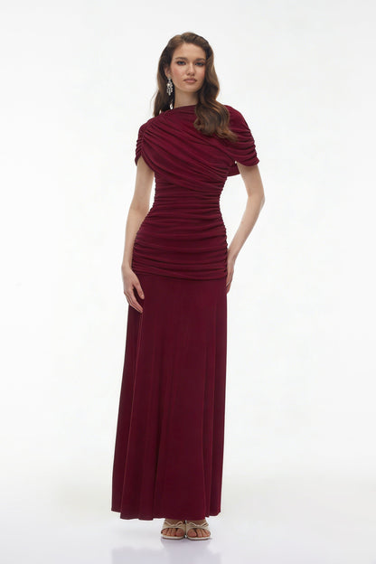 Rosalyn Red Crew Neck Ruched Maxi Dress