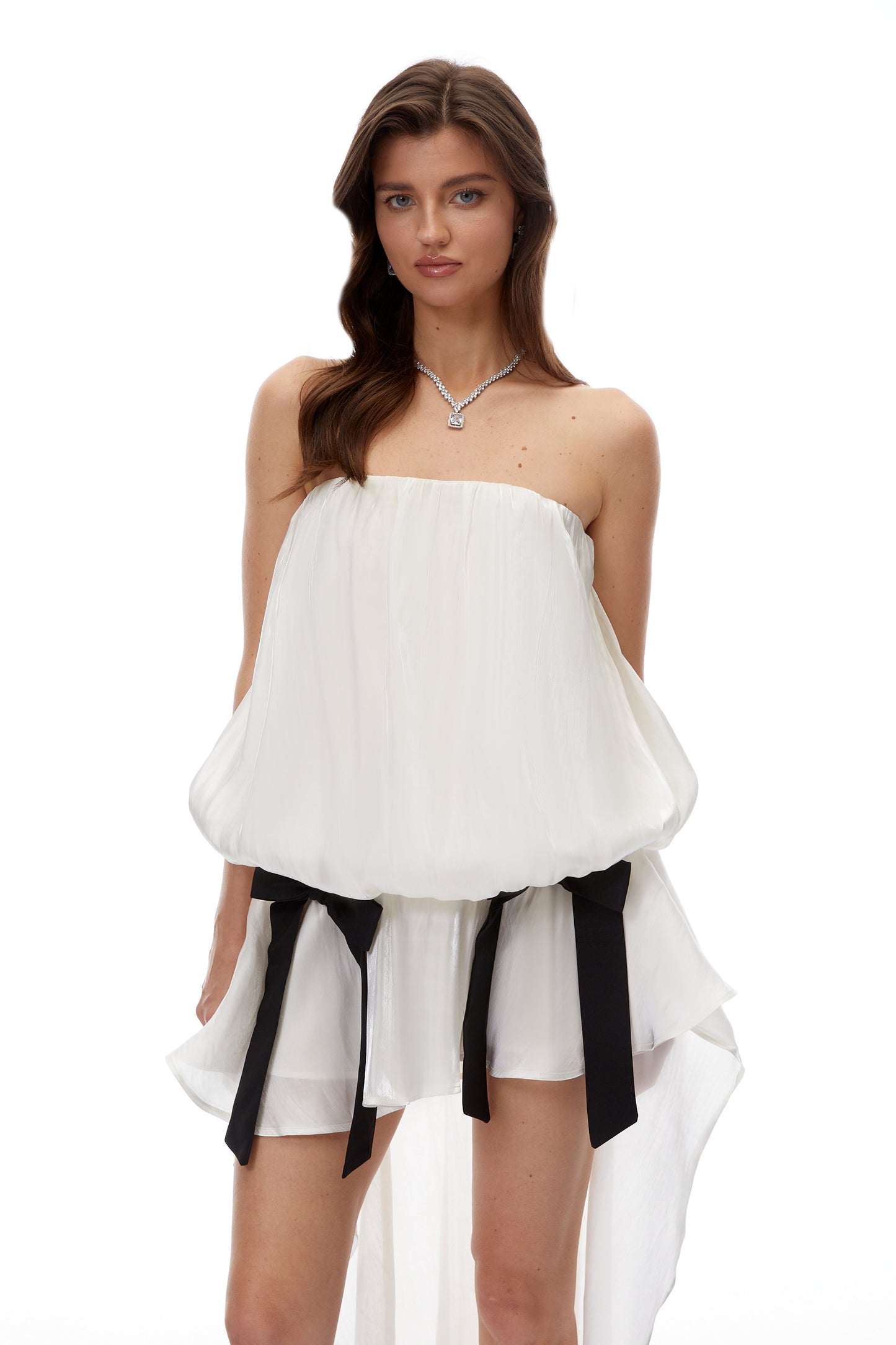 Rosario White Ruched Mini Dress with Bow