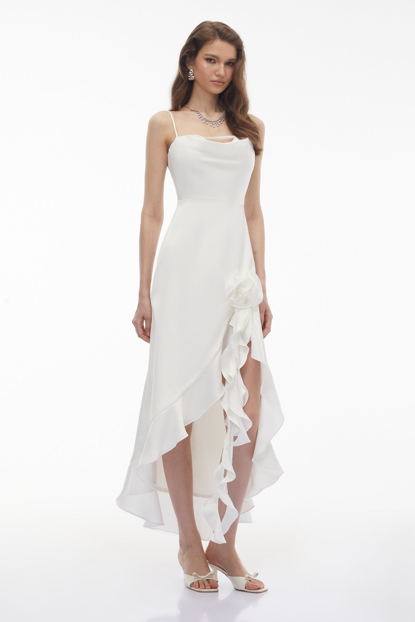 Rosie White Ruffled Maxi Dress with 3D Floral