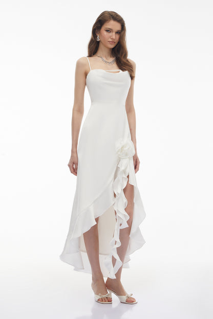 Rosie White Ruffled Maxi Dress with 3D Floral