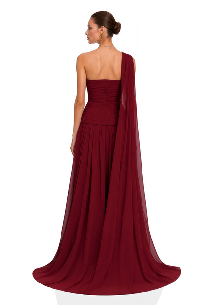 Rowena Burgundy One Shoulder Ruched Maxi Dress