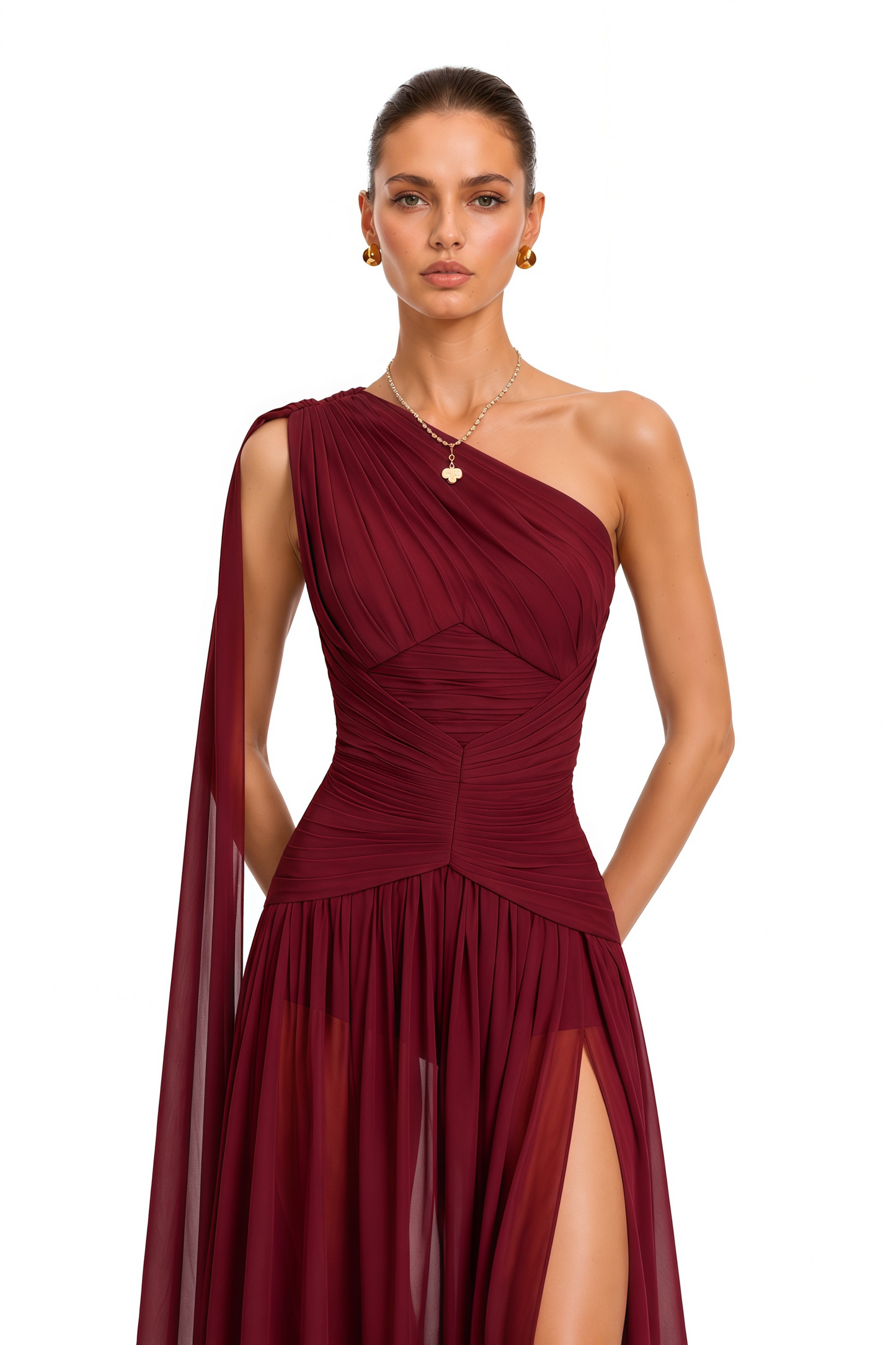 Rowena Burgundy One Shoulder Ruched Maxi Dress