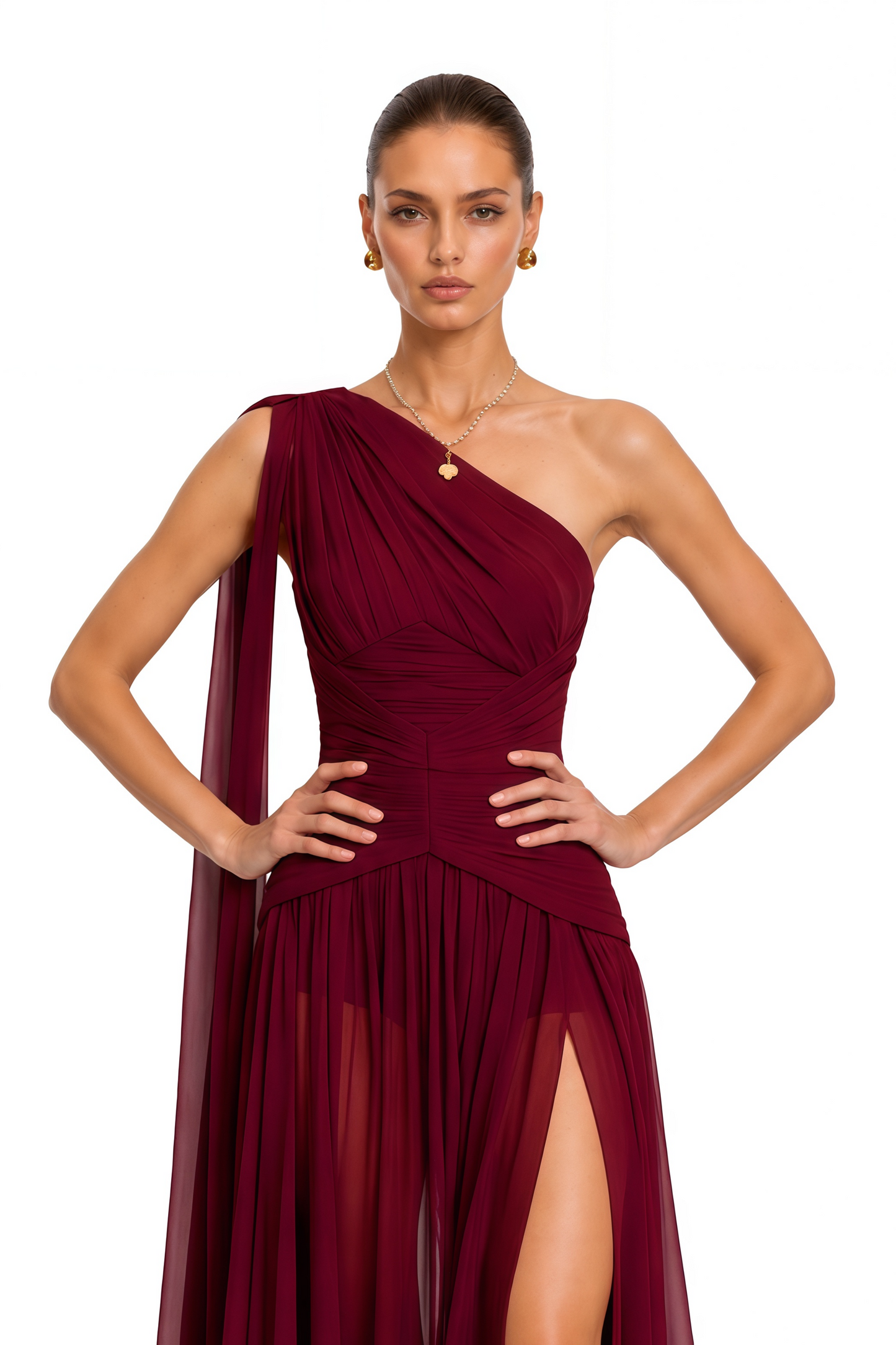 Rowena Burgundy One Shoulder Ruched Maxi Dress