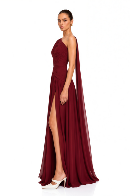 Rowena Burgundy One Shoulder Ruched Maxi Dress