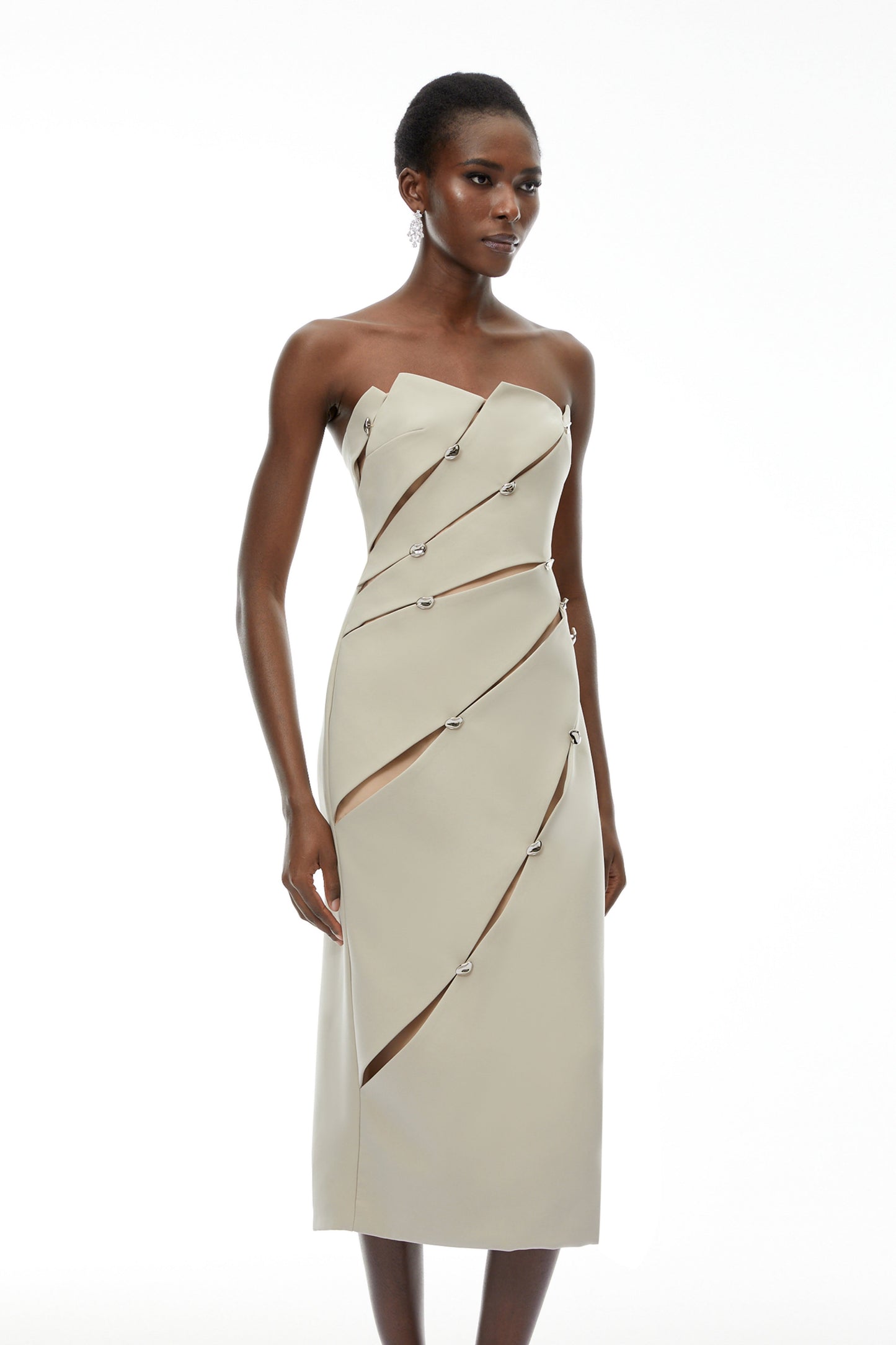 Rowena Khaki Asymmetrical Off Shoulder Midi Dress