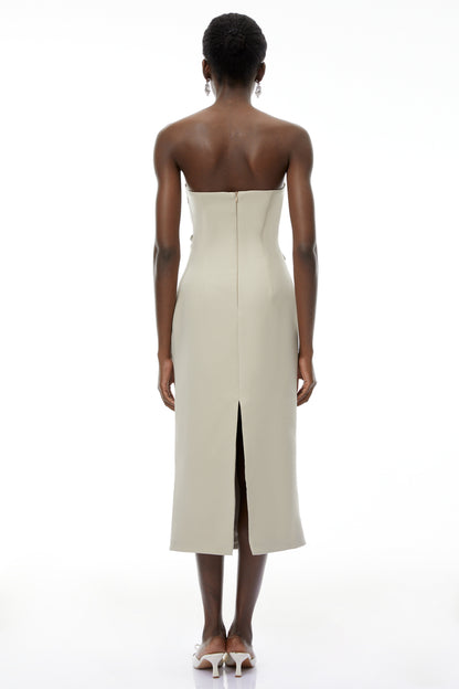 Rowena Khaki Asymmetrical Off Shoulder Midi Dress