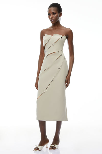 Rowena Khaki Asymmetrical Off Shoulder Midi Dress
