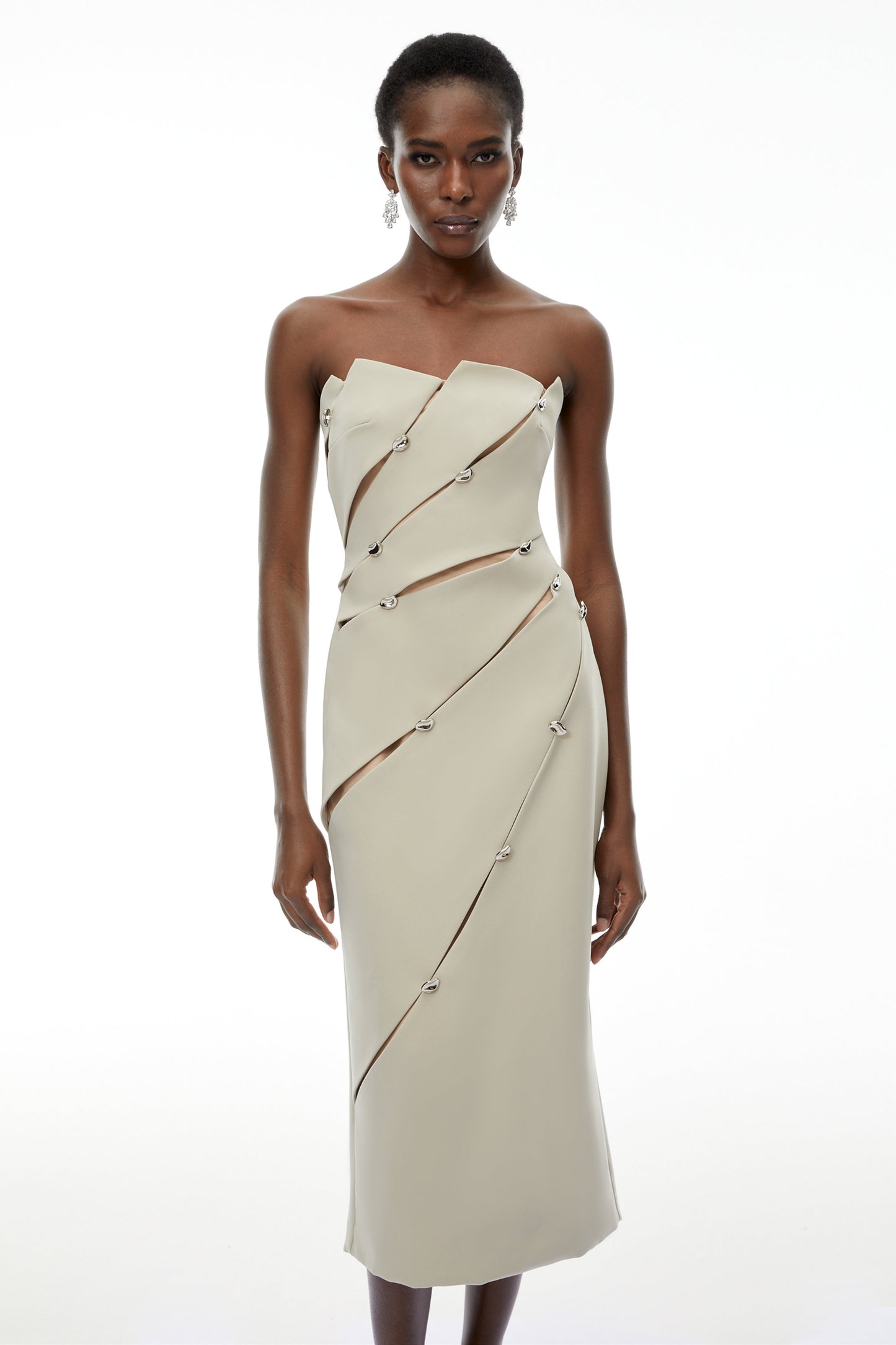 Rowena Khaki Asymmetrical Off Shoulder Midi Dress