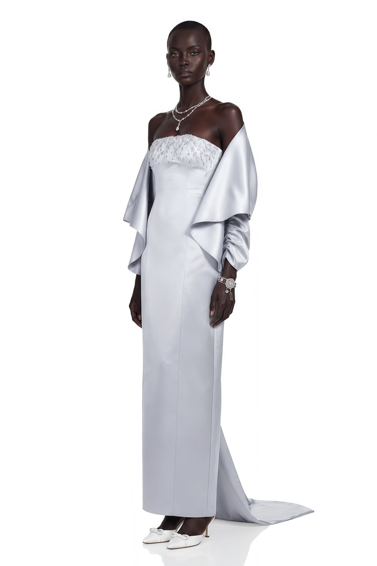 Runa Grey Cape Sleeve Rhinestone Maxi Dress & Jacket Set