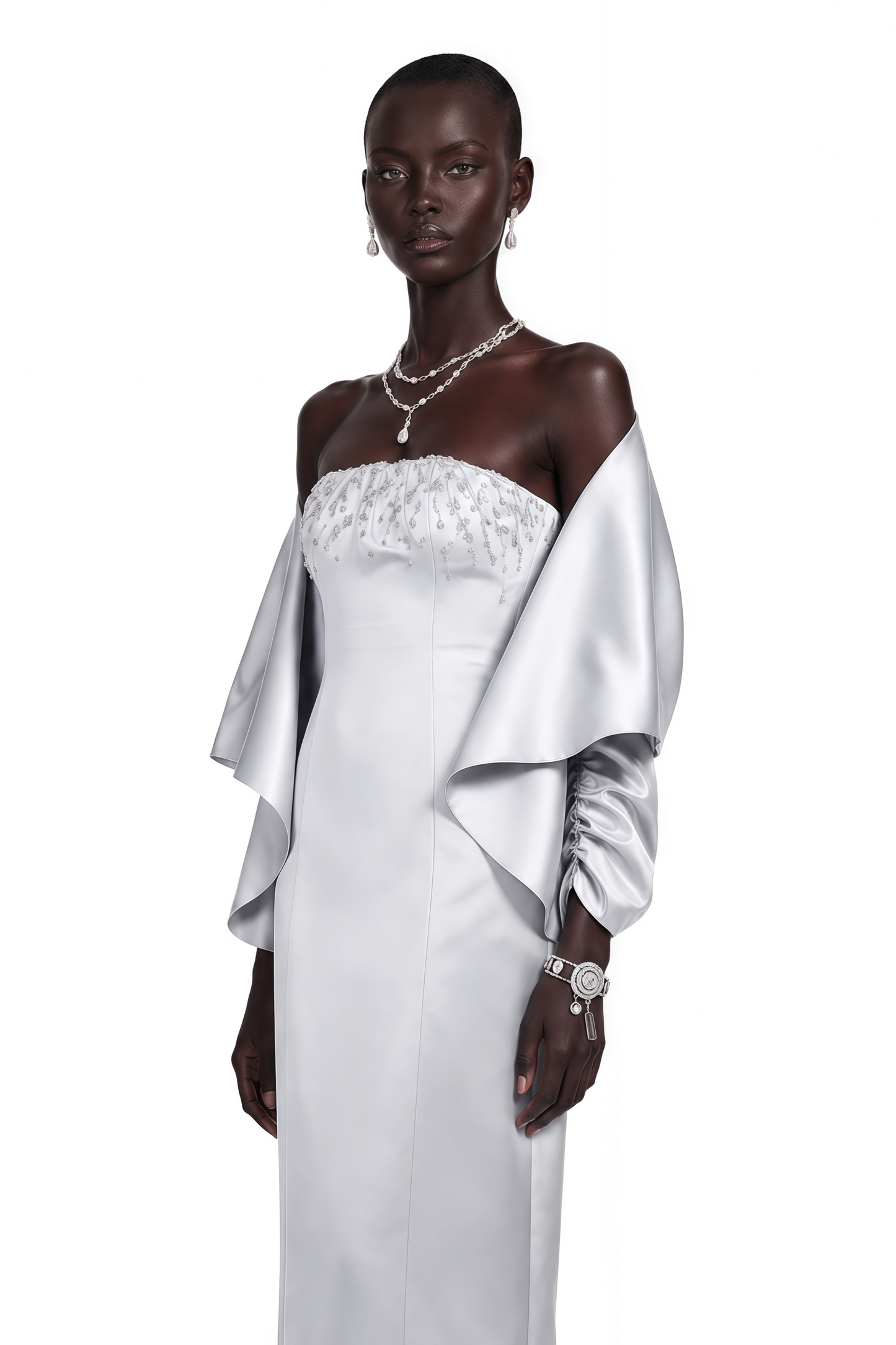 Runa Grey Cape Sleeve Rhinestone Maxi Dress & Jacket Set