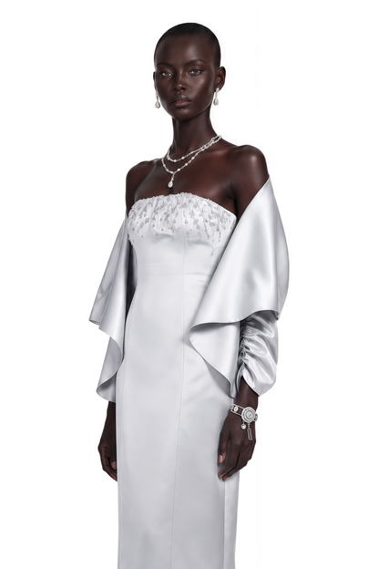 Runa Grey Cape Sleeve Rhinestone Maxi Dress & Jacket Set