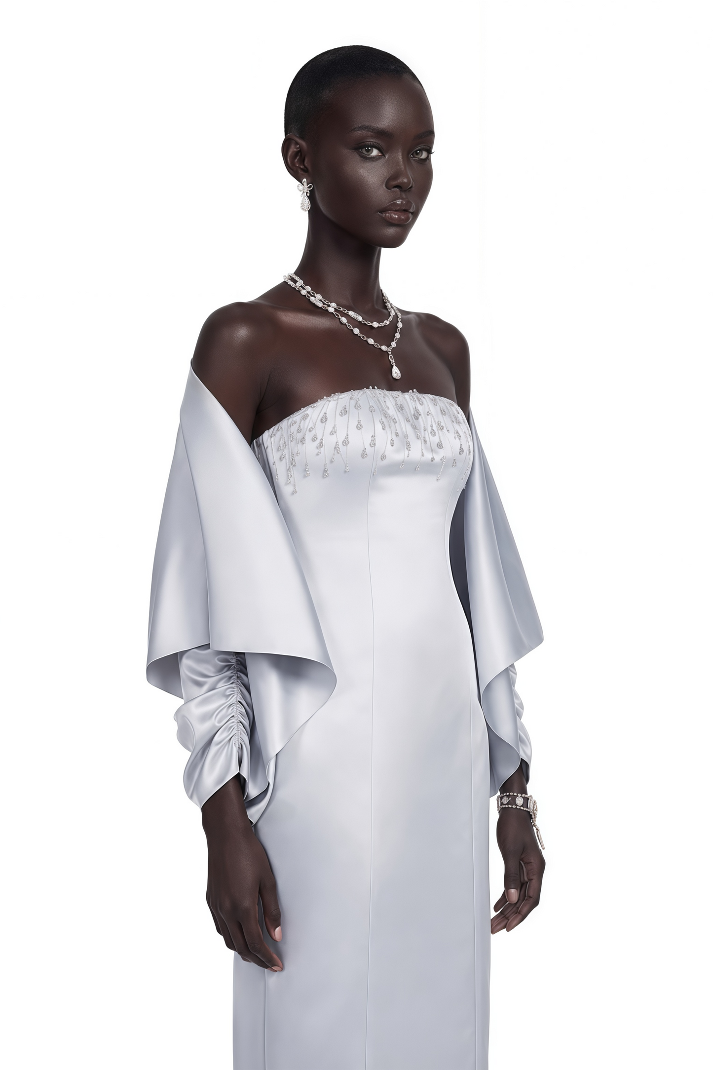 Runa Grey Cape Sleeve Rhinestone Maxi Dress & Jacket Set