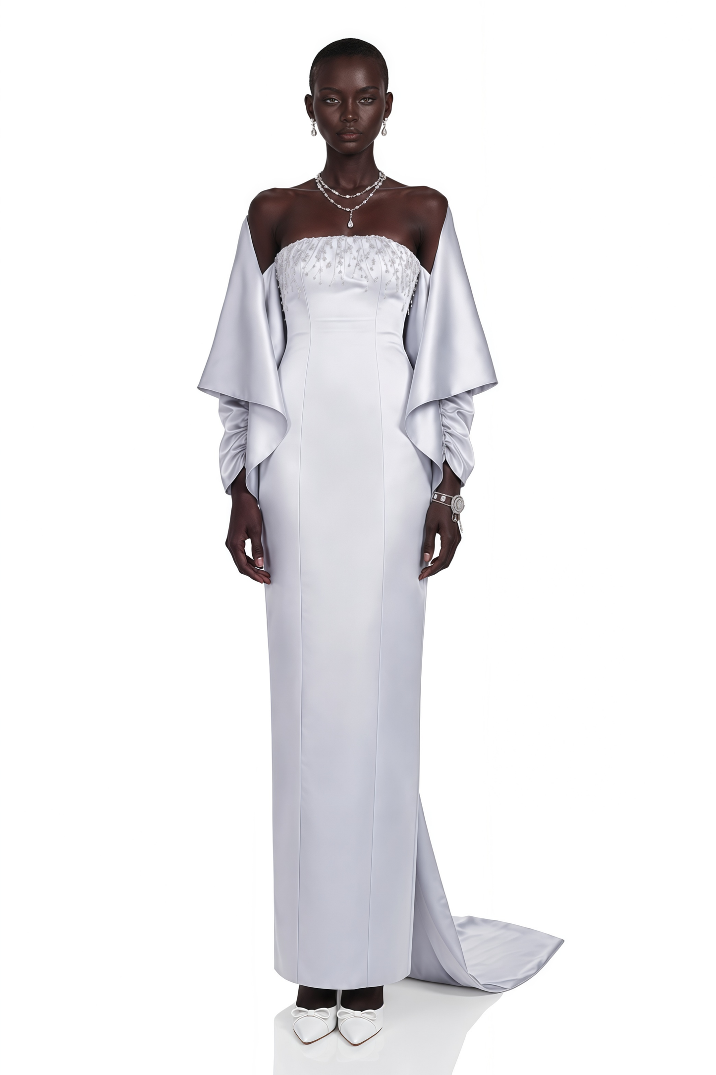 Runa Grey Cape Sleeve Rhinestone Maxi Dress & Jacket Set