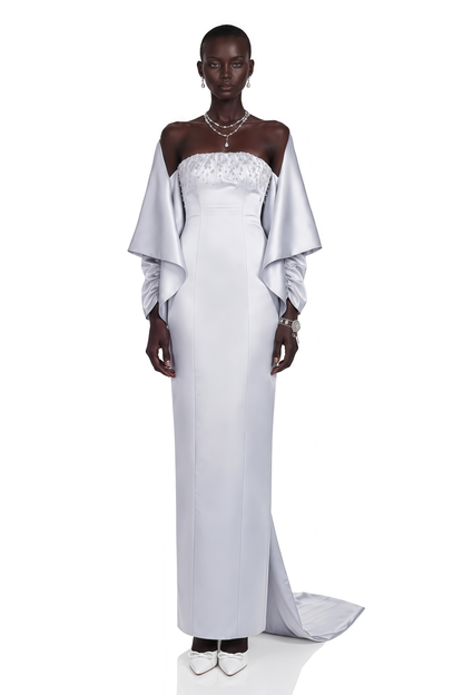 Runa Grey Cape Sleeve Rhinestone Maxi Dress & Jacket Set