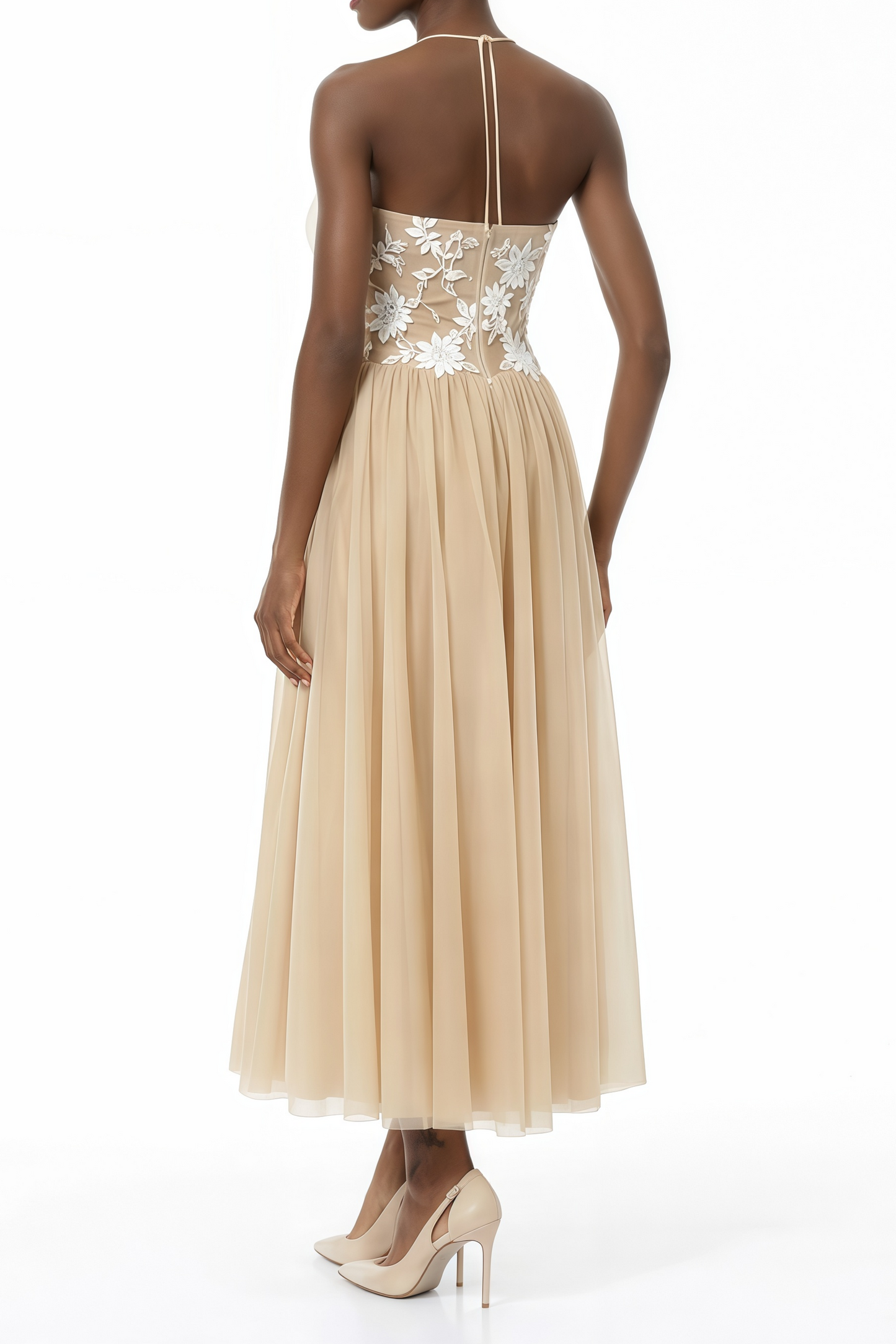 Ruqayya Neutral Floral Embroidered Pleated Maxi Dress