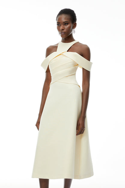 Saara Neutral Cold Shoulder Ruched Midi Dress