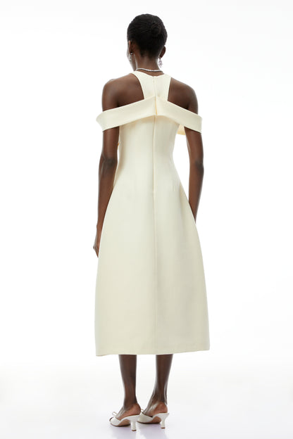 Saara Neutral Cold Shoulder Ruched Midi Dress