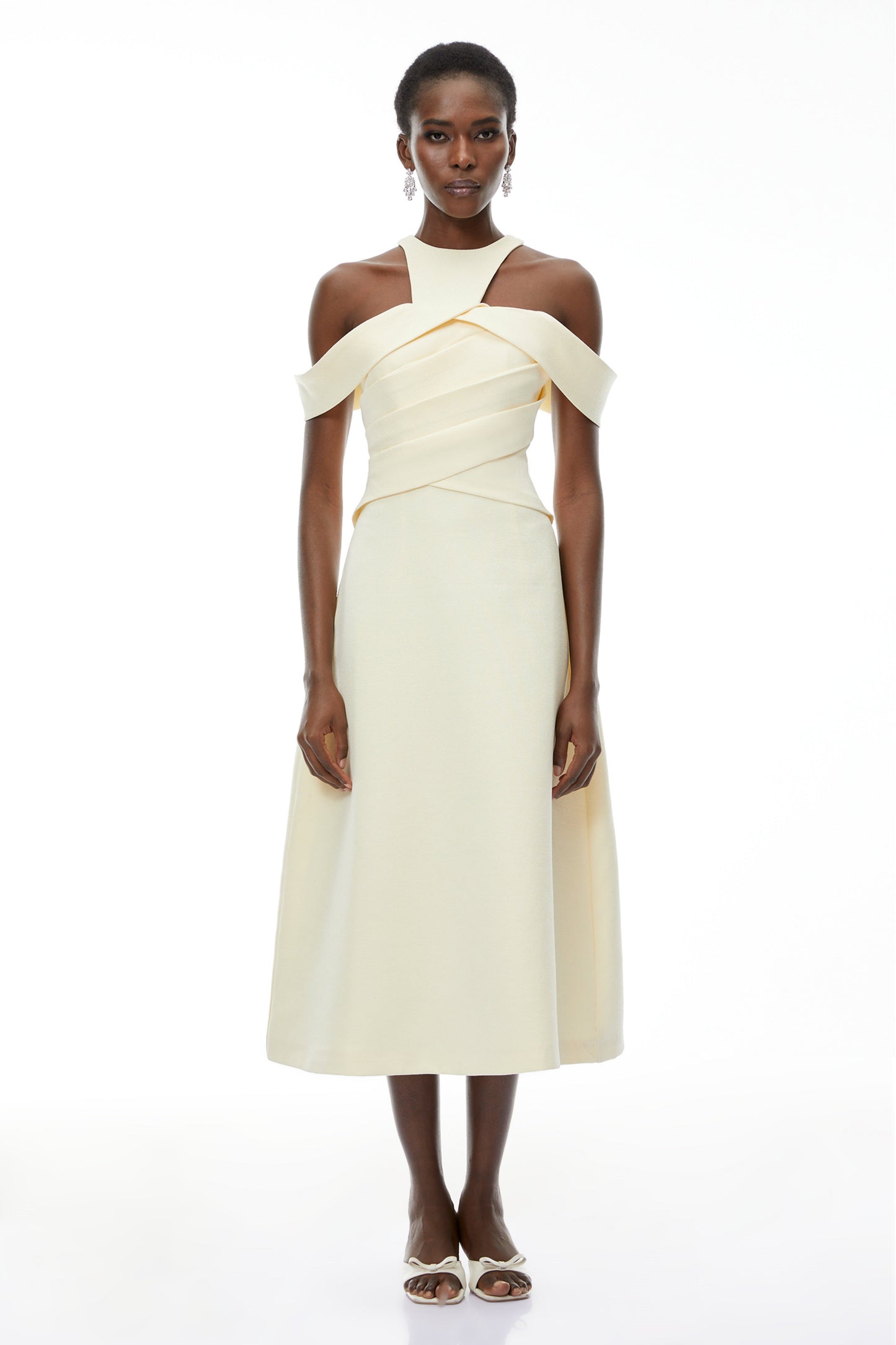 Saara Neutral Cold Shoulder Ruched Midi Dress