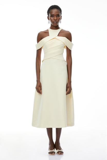 Saara Neutral Cold Shoulder Ruched Midi Dress