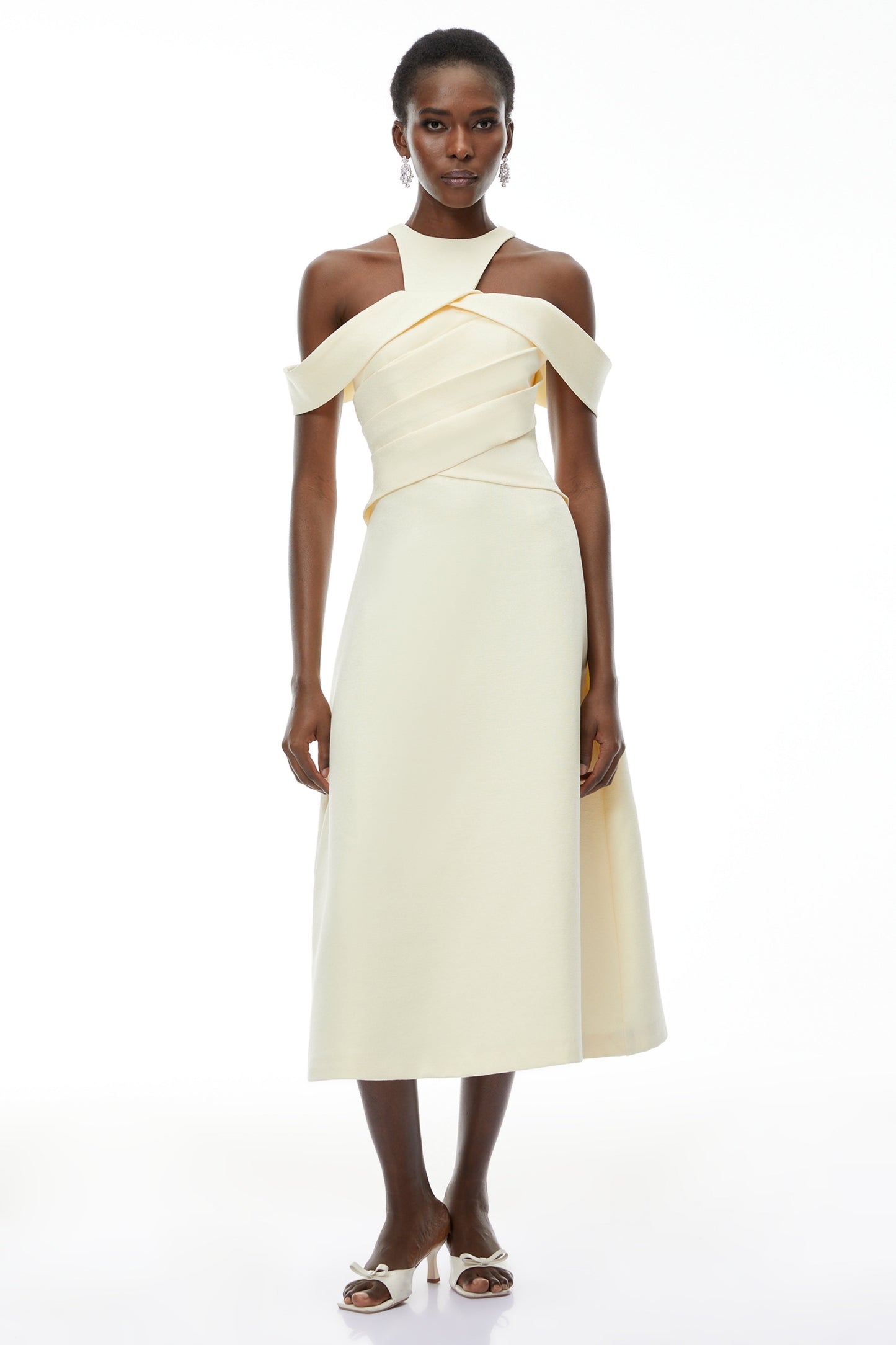 Saara Neutral Cold Shoulder Ruched Midi Dress