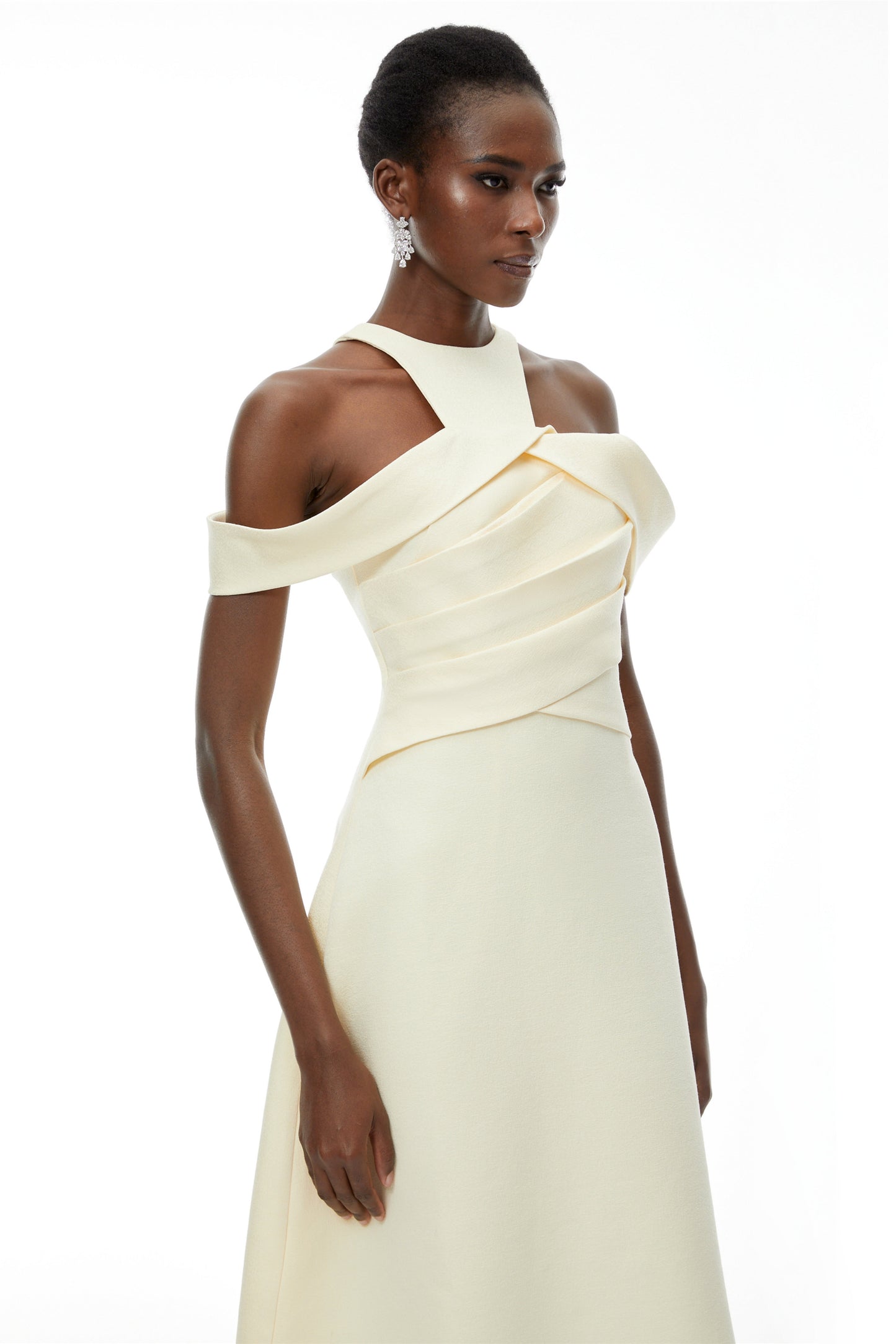 Saara Neutral Cold Shoulder Ruched Midi Dress