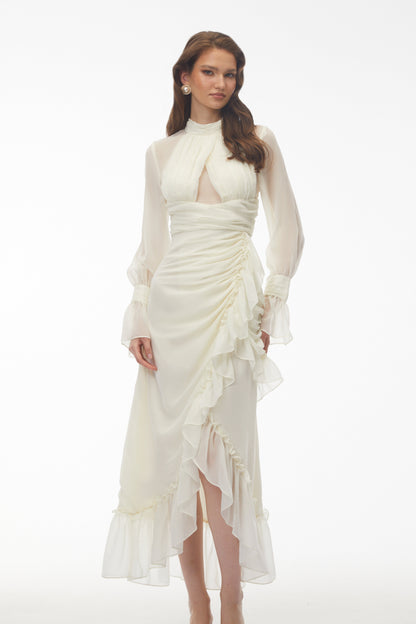 Sabrina Ivory Long Sleeve Asymmetrical Ruched Midi Dress