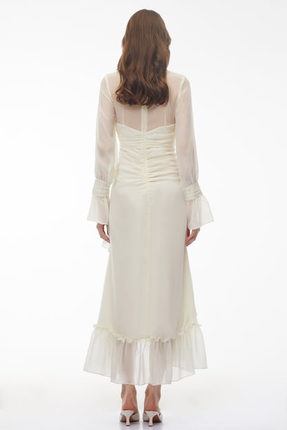 Sabrina Ivory Long Sleeve Asymmetrical Ruched Midi Dress