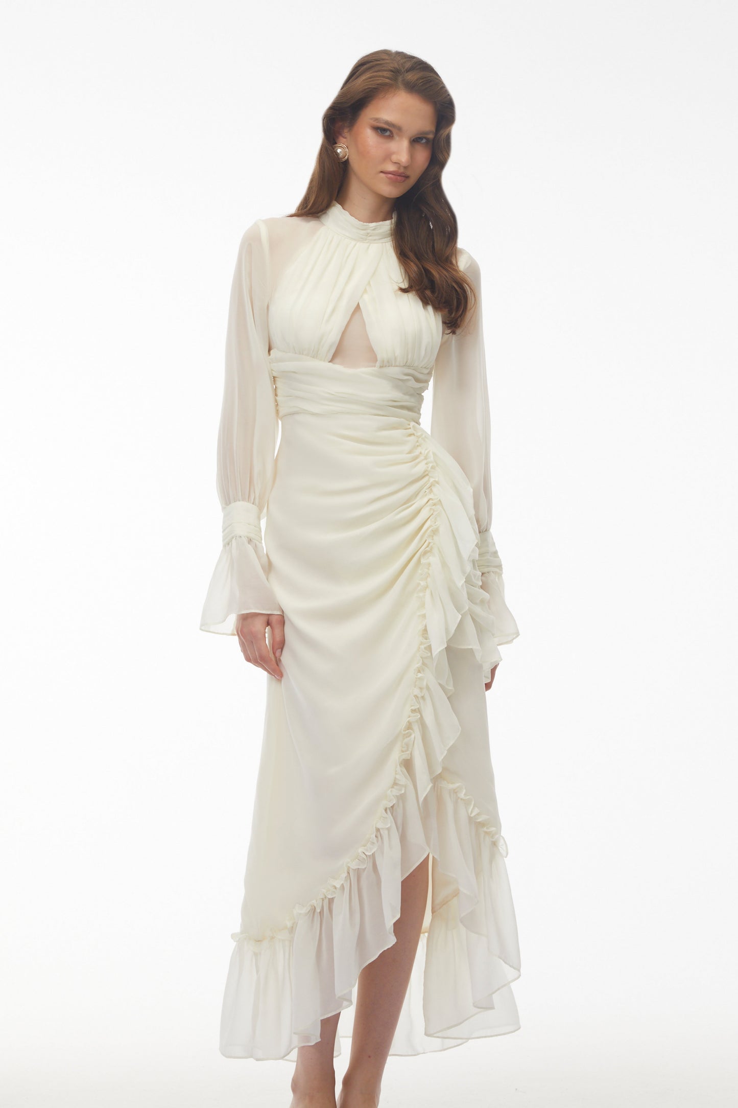 Sabrina Ivory Long Sleeve Asymmetrical Ruched Midi Dress