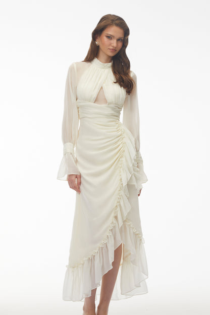 Sabrina Ivory Long Sleeve Asymmetrical Ruched Midi Dress