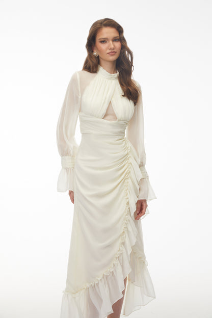 Sabrina Ivory Long Sleeve Asymmetrical Ruched Midi Dress