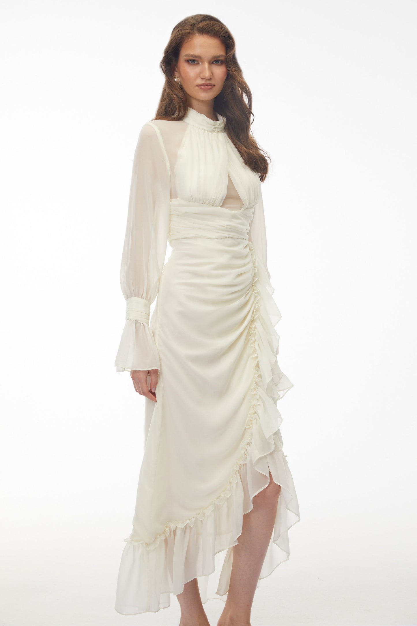 Sabrina Ivory Long Sleeve Asymmetrical Ruched Midi Dress