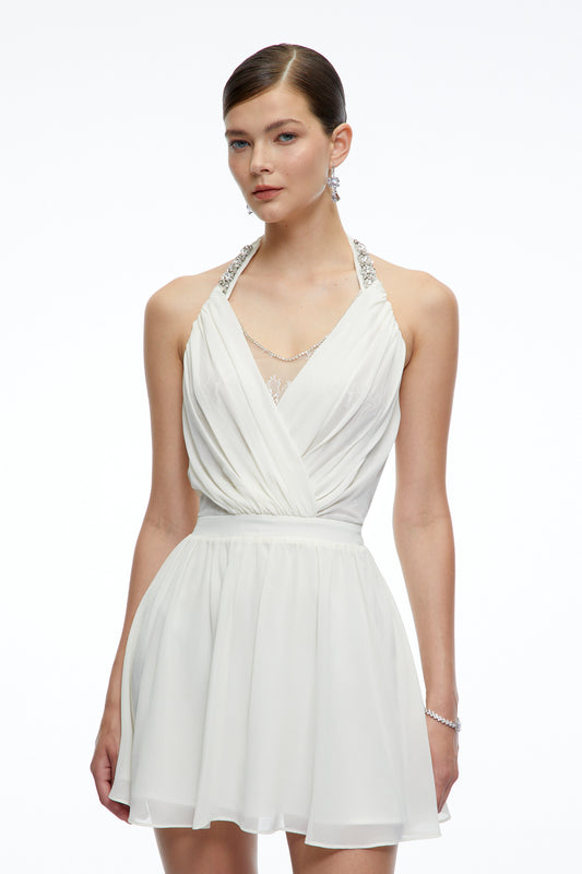 Sabrina Neutral Embellished Halterneck Draped Mini Dress
