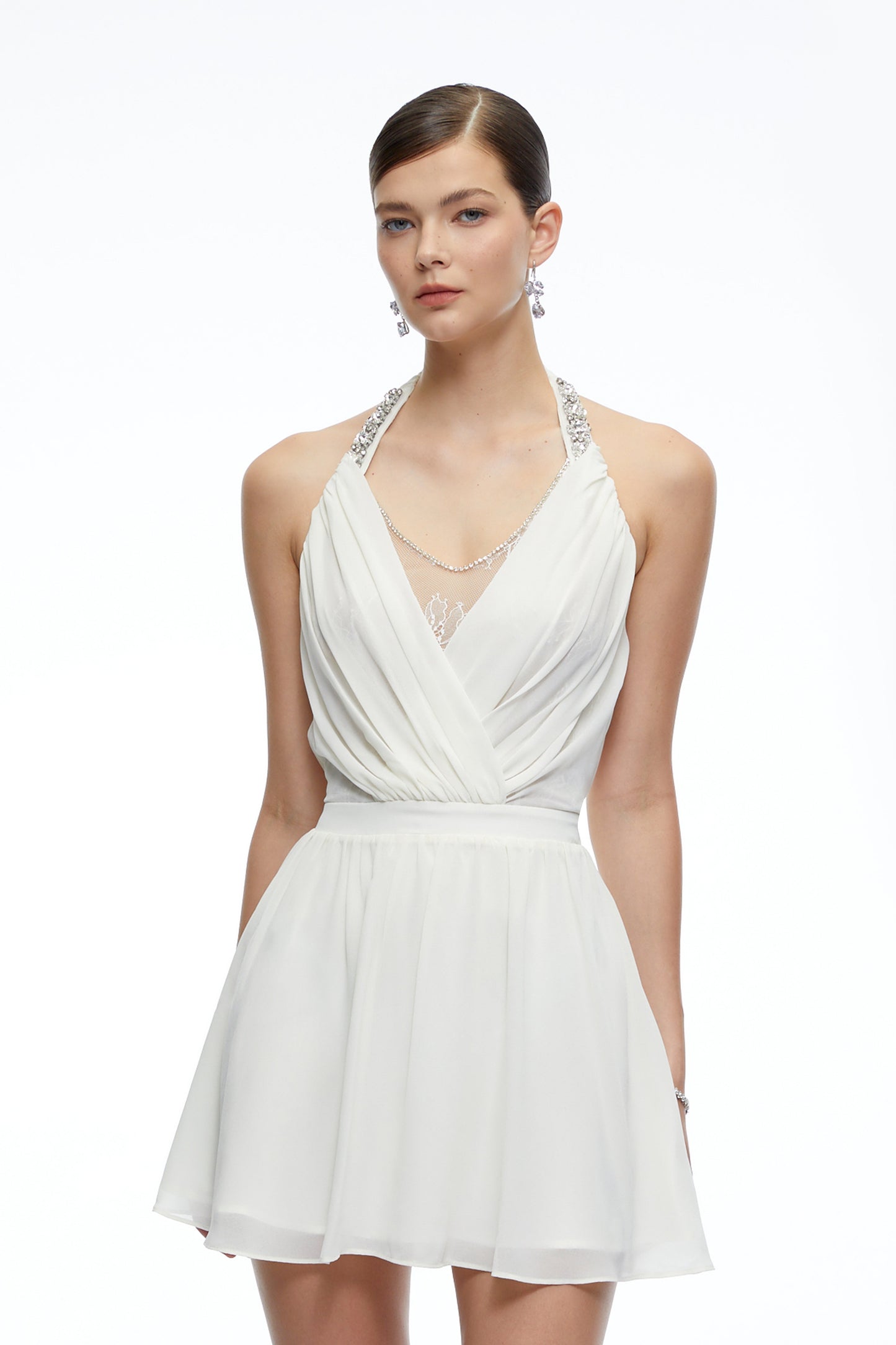 Sabrina Neutral Embellished Halterneck Draped Mini Dress