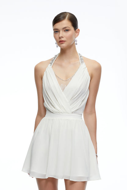 Sabrina Neutral Embellished Halterneck Draped Mini Dress