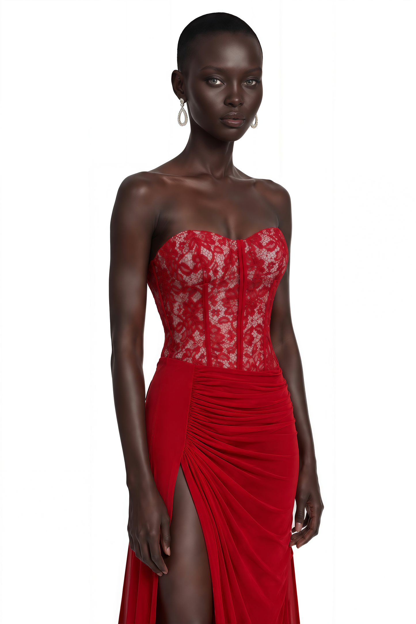 Sabrina Red Off Shoulder Ruched Maxi Dress with Lace Panels
