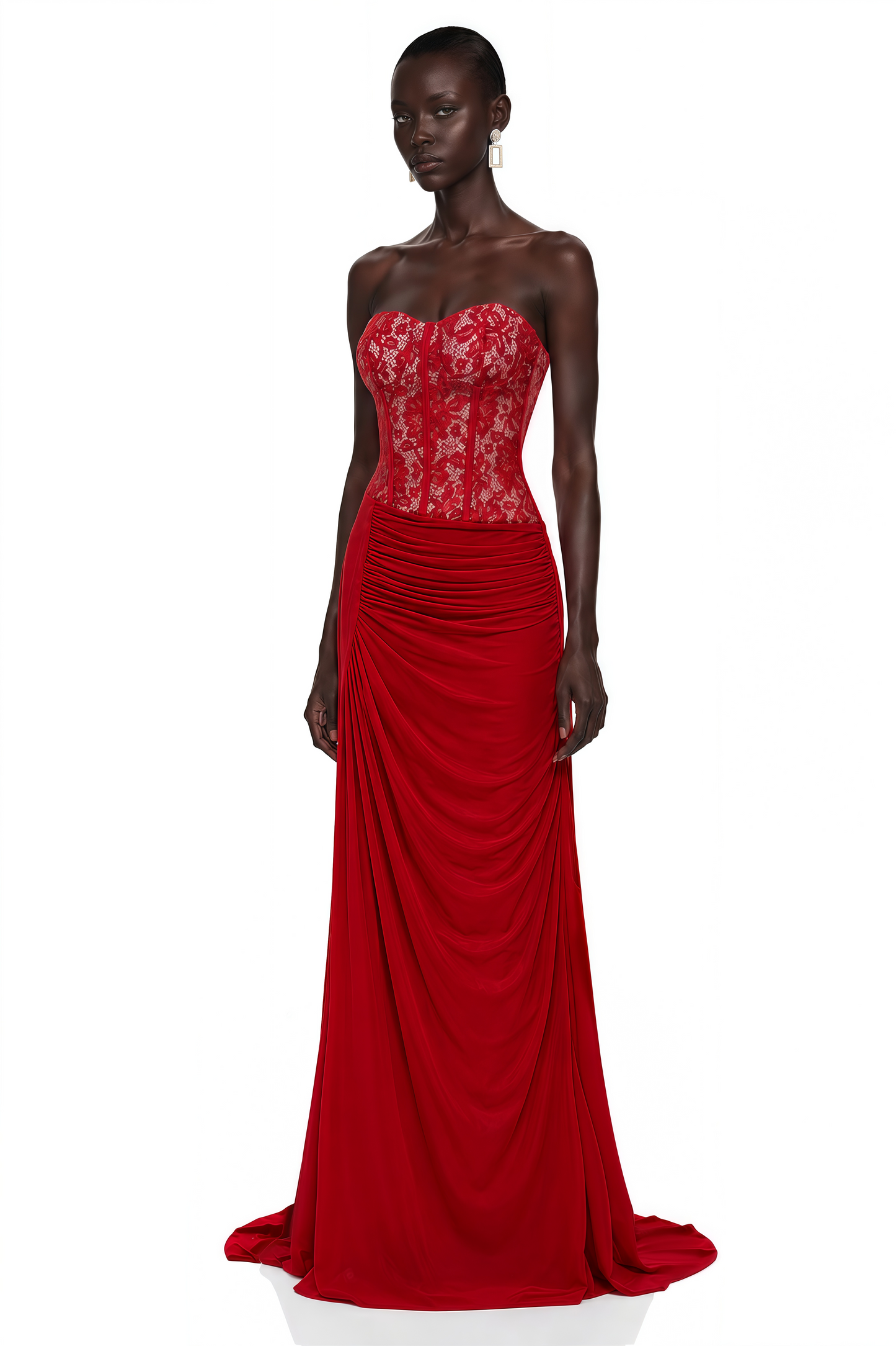 Sabrina Red Off Shoulder Ruched Maxi Dress with Lace Panels