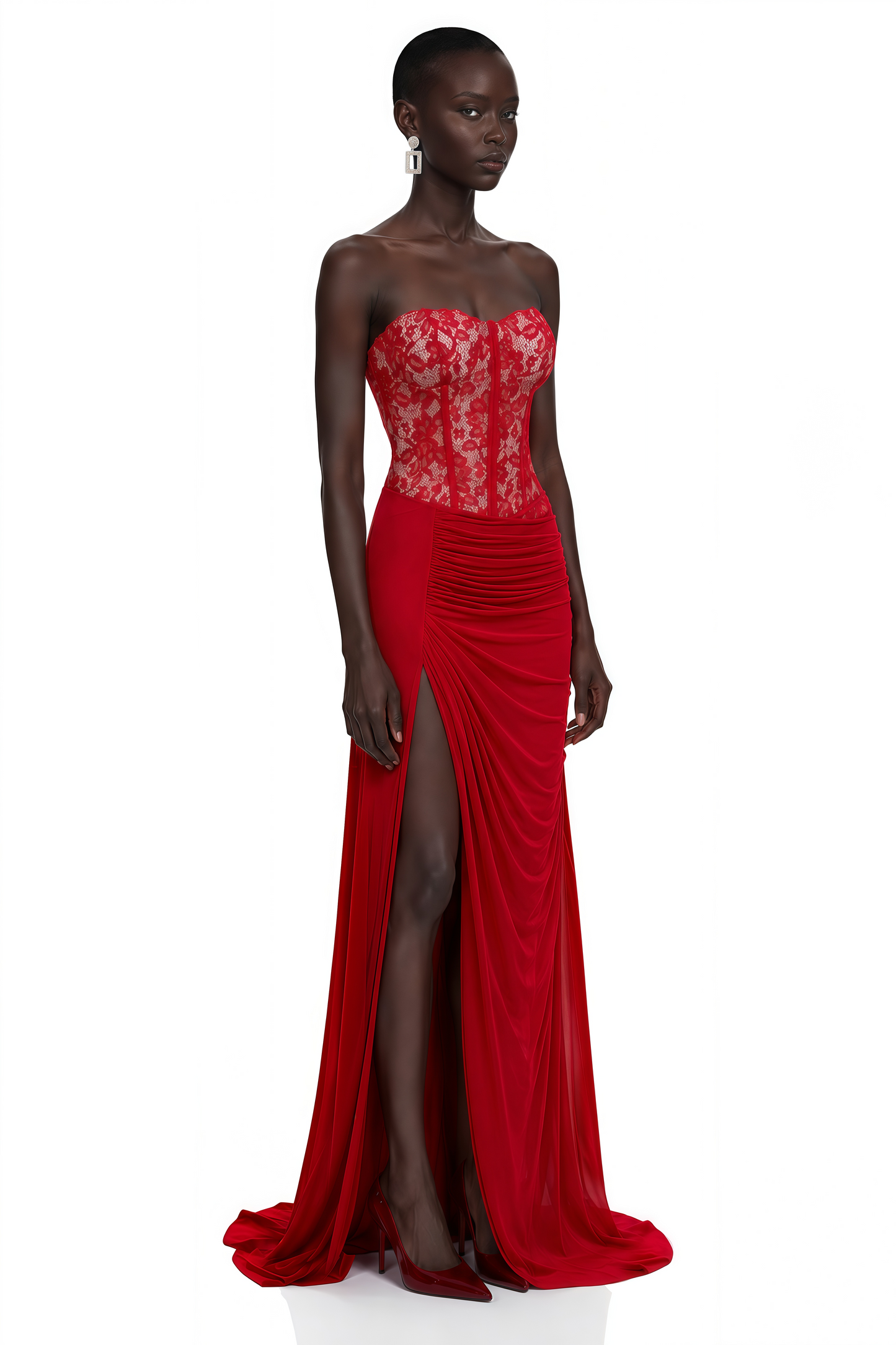 Sabrina Red Off Shoulder Ruched Maxi Dress with Lace Panels
