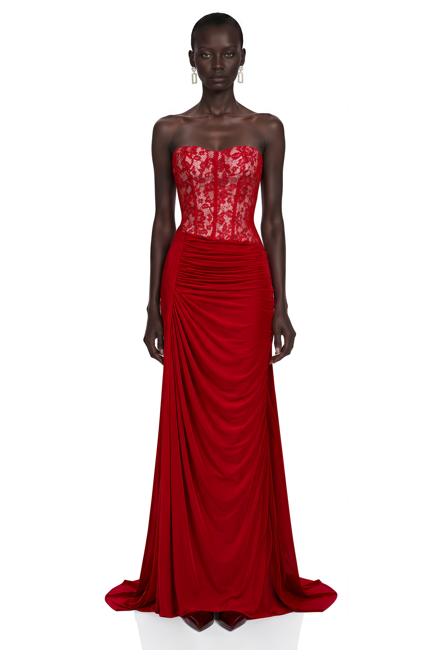 Sabrina Red Off Shoulder Ruched Maxi Dress with Lace Panels