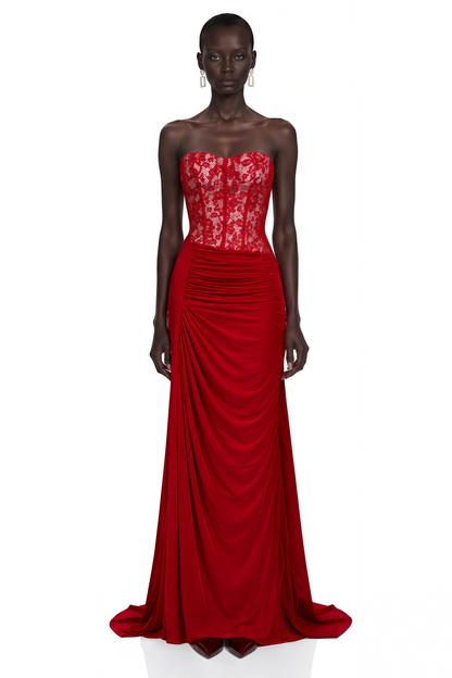 Sabrina Red Off Shoulder Ruched Maxi Dress with Lace Panels