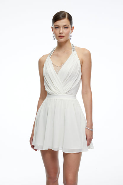 Sabrina Neutral Embellished Halterneck Draped Mini Dress