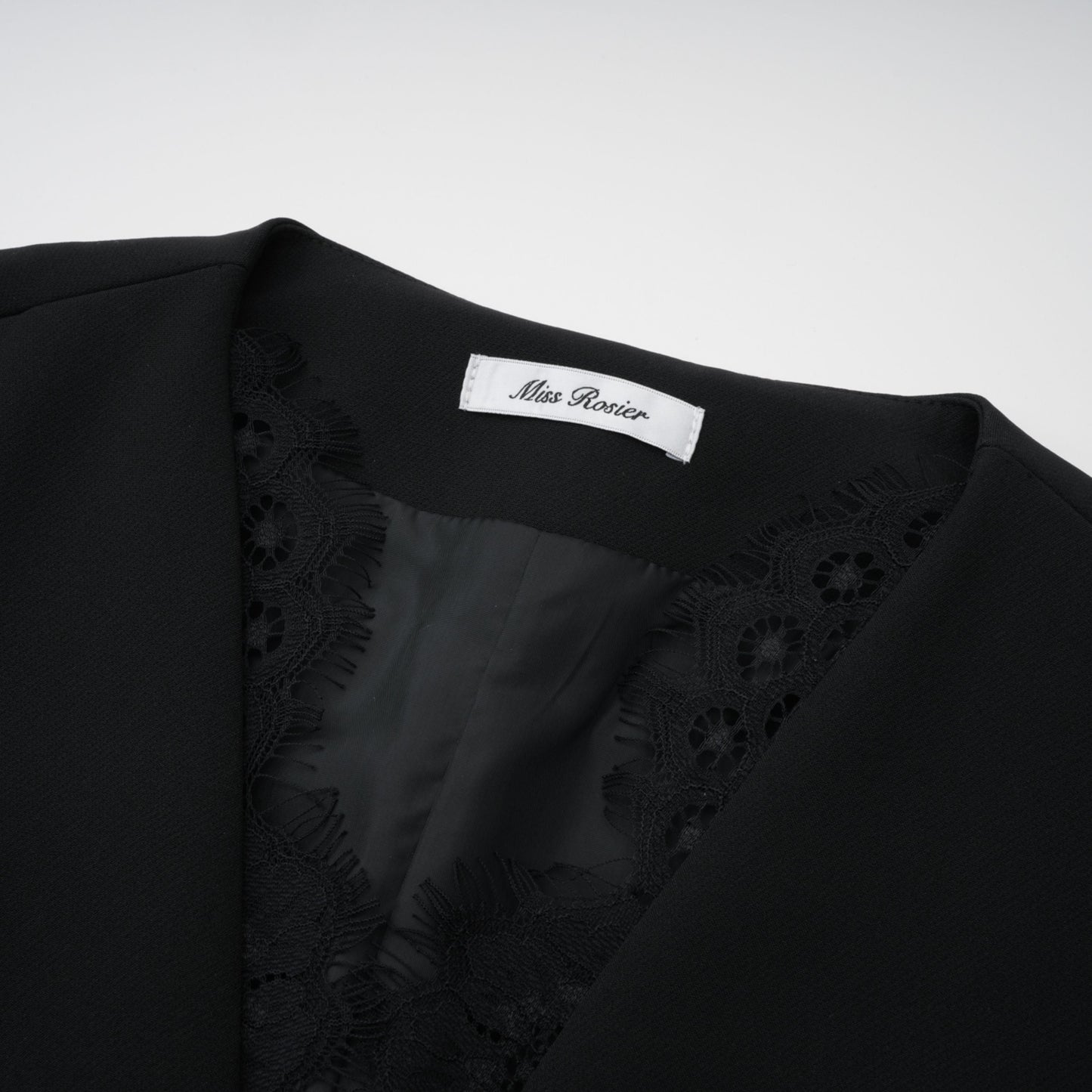 Saffron Black Collarless Blazer with Lace Trim