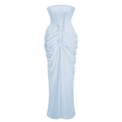 Safiya Blue Ruched Maxi Dress with Cross Front